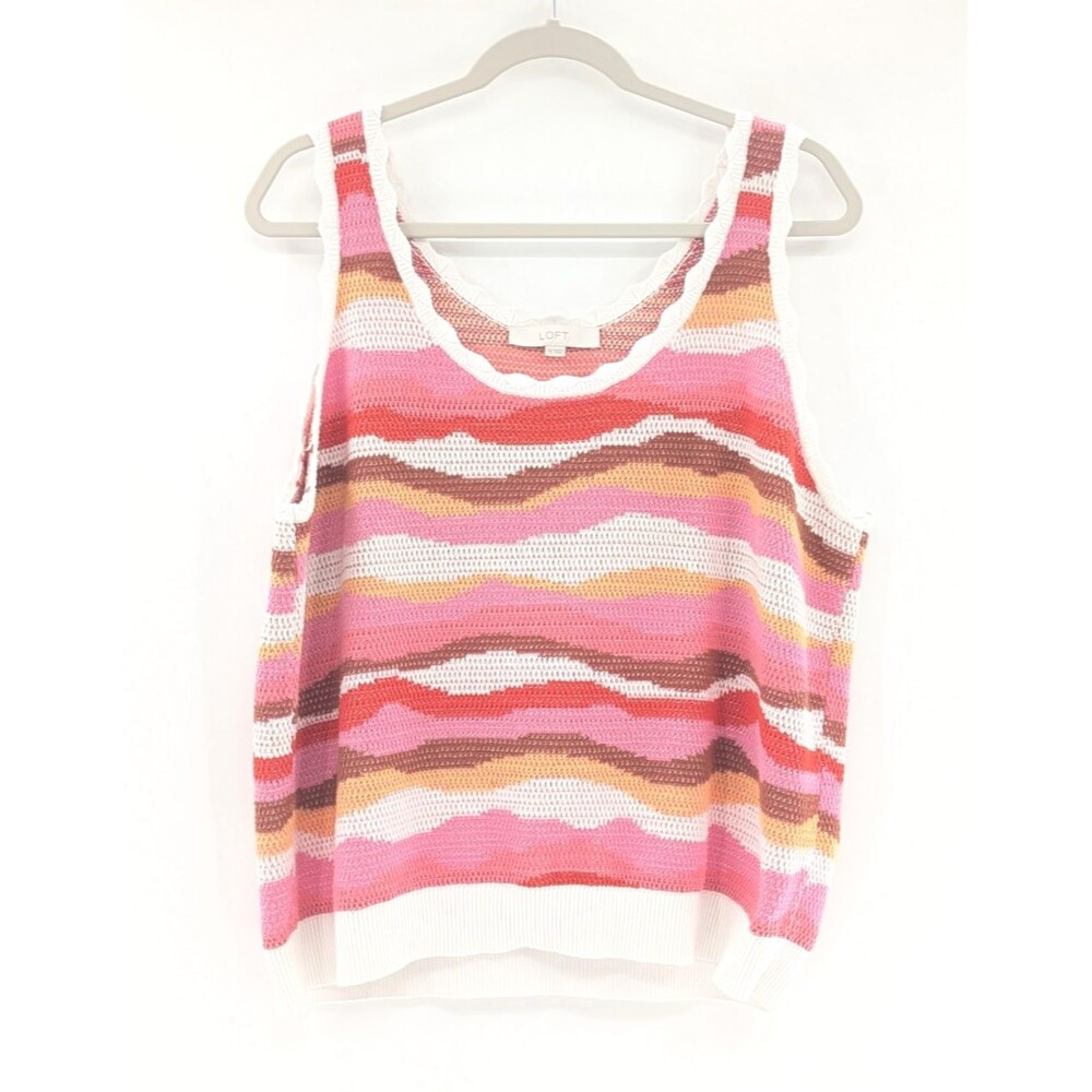 Loft Wavy Stripe Pink White Scoop Neck Knit Sweater Tank Top Blouse Size XL